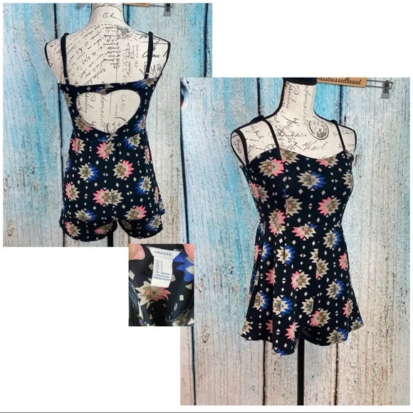 FOREVER 21 BLACK TRIBAL ROMPER WITH HEART CUT OUT BACK *SMALL *EMPIRE WAIST - Picture 2 of 11